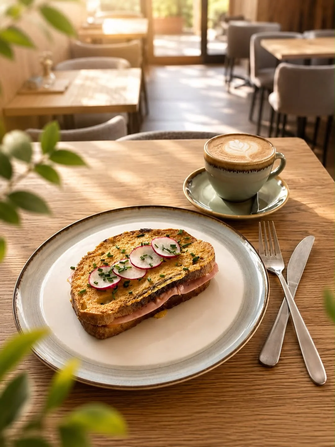 Zapekaný toast s reďkovkou a cappuccino v slnkom zaliatej kaviarni